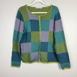 Mansted Peace Classic Stripe Button Up Sweater Large Blue Green Eco Cotton
